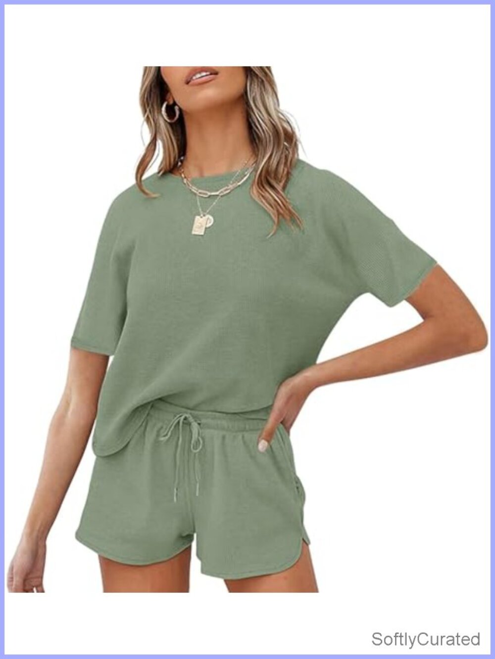 Short Sleeve Waffle Pajama Set Lounge Top and Shorts 2 Piece Outfit